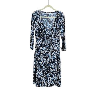 Evan Picone Floral Black Blue Cream Faux Wrap Dress size 14
